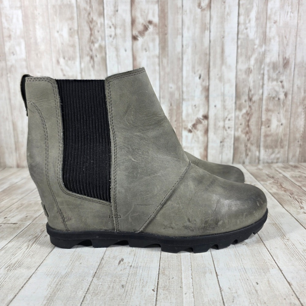 Sorel Wedge Ankle Boots Gray Leather Elastic Side Zipper‎ Women's Size 10